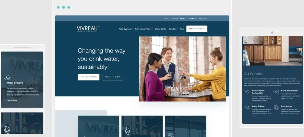 Screenshot, der Vivreaus Homepage auf Mobil-, Tablet- und Desktop-Bildschirmen zeigt