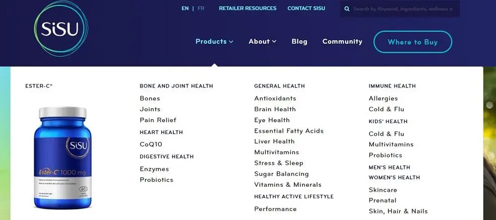 Screenshot des Produktmenüs von Sisu mit nach Kategorien geordneten Produkten